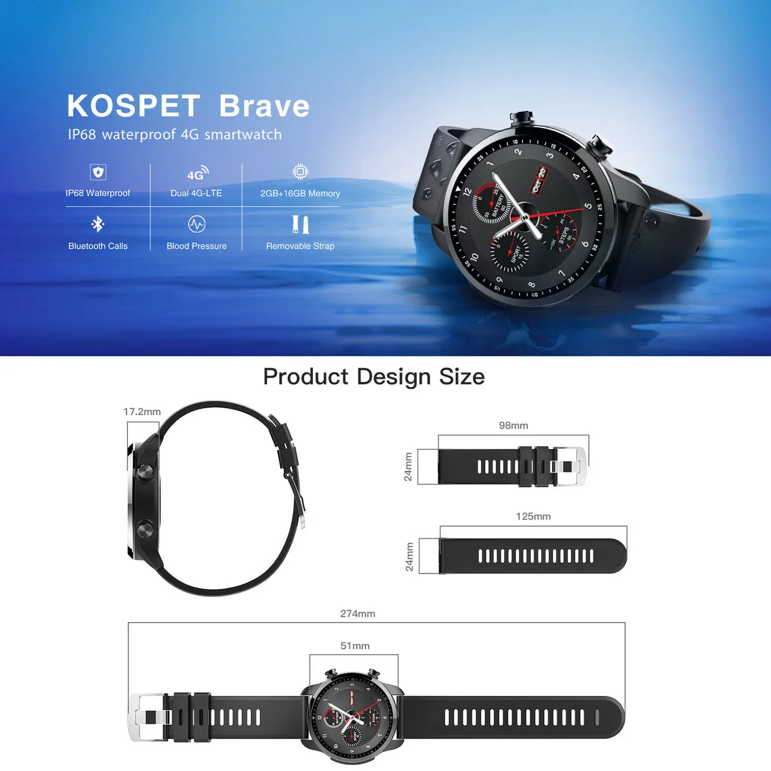 Kospet Brave Dual Core 4G Smartwatch IP68 Водонепроницаемый Смарт-часы Телефонный звонок Android 6,0 MTK6737, 2 Гб оперативной памяти, 16 Гб встроенной памяти, gps Bluetooth 620 мАч