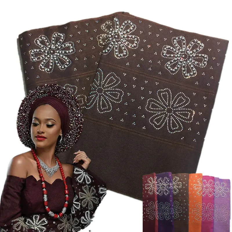 

New designs fashion nigerian aso oke gele headtie embroidery with beads stones high quality wraps fabric 2piece/set for women