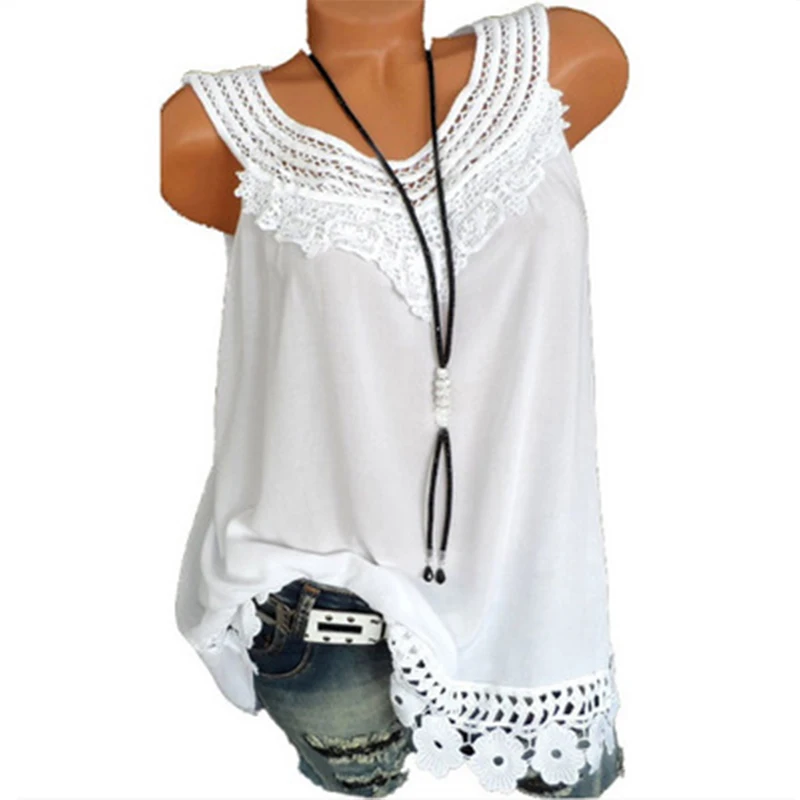 

Women Casual O-neck Vest Summer Loose Sleeveless Blouse Lace Patchwork Tops Plus Size