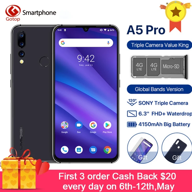 

Global Version UMIDIGI A5 PRO Android 9.0 Octa Core Mobile Phone 6.3' FHD+ 16MP Triple Camera 4150mAh 4GB RAM 32G ROM Smartphone