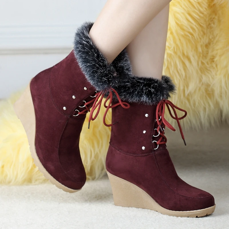 Женские высокие сапоги до середины колена теплая модная весенне-зимняя обувь на высоком клиновидном каблуке сапоги-гетры на кроличьем меху зимние сапоги на платформе со шнуровкой