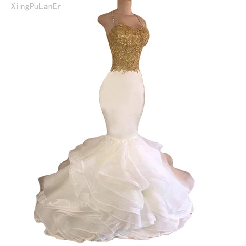 Vestidos de Baile Longo do Baile de Finalistas Vestidos de Noite Robe de Soirée Sereia Branco Spaghetti Lace Frisada Backless Partido 2020