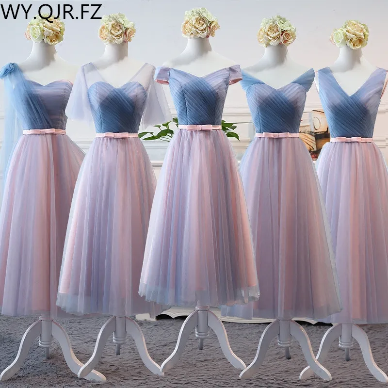 

YYMY02Z#Tea-Length Middle style V-Neck Lace Up Long Bridesmaid Dresses Wedding Party Prom Dress 2019 Wholesale Custom Clothing