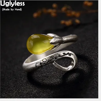

Uglyless Real 990 Fine Silver Jewelry Waterdrop Women Dress Finger Rings Luxury Nature Chalcedony Open Ring Orchid Floral Bijoux