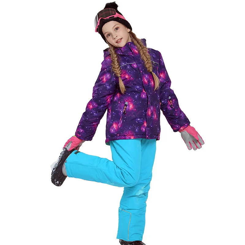 Зимний детский лыжный комплект, детский лыжный костюм для девочек водонепроницаемая куртка с капюшоном для сноуборда зимние штаны Terno Esqui теплый ветрозащитный - Цвет: Sky blue