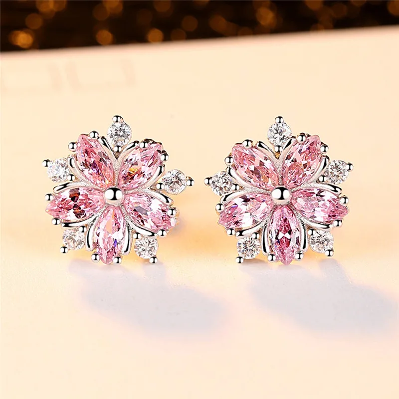 

Cute Crystal Female Pink Snowfalke Earrings Fashion 925 Silver Wedding Jewelry Boho Small Sakura Flower Stud Earrings For Women