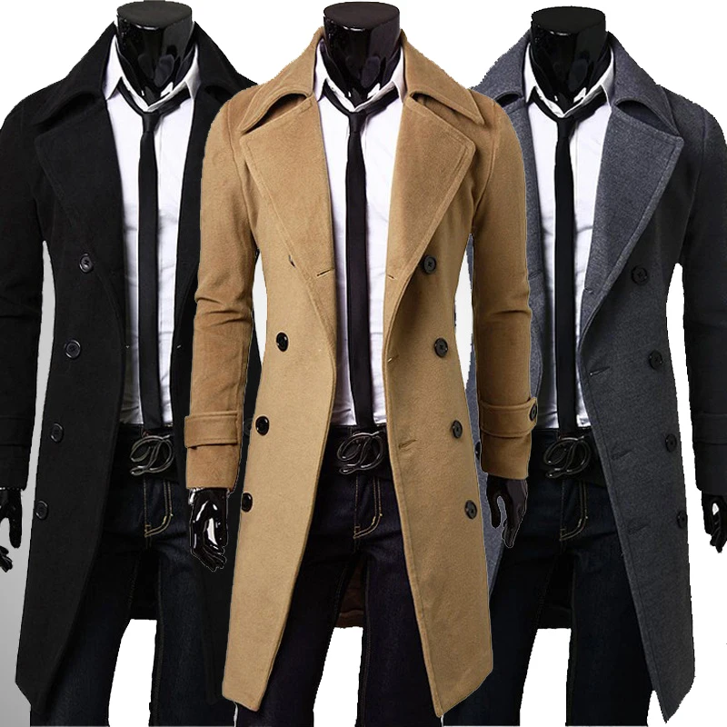 2018 Winter Mens Slim Stylish Trench Coat Thick Double Breasted Long Jacket US