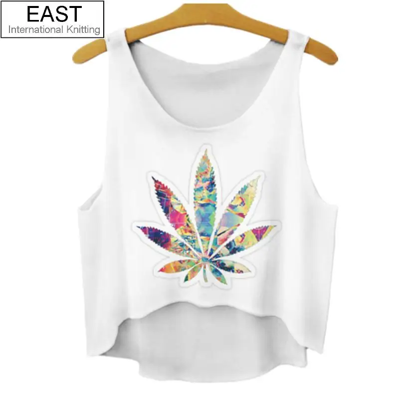 

East Knitting Colorful Leaf Pattern Tee New 2015 Crop Top Women T-shirt Women Tops Summer style Sleeveless Bustier Tee