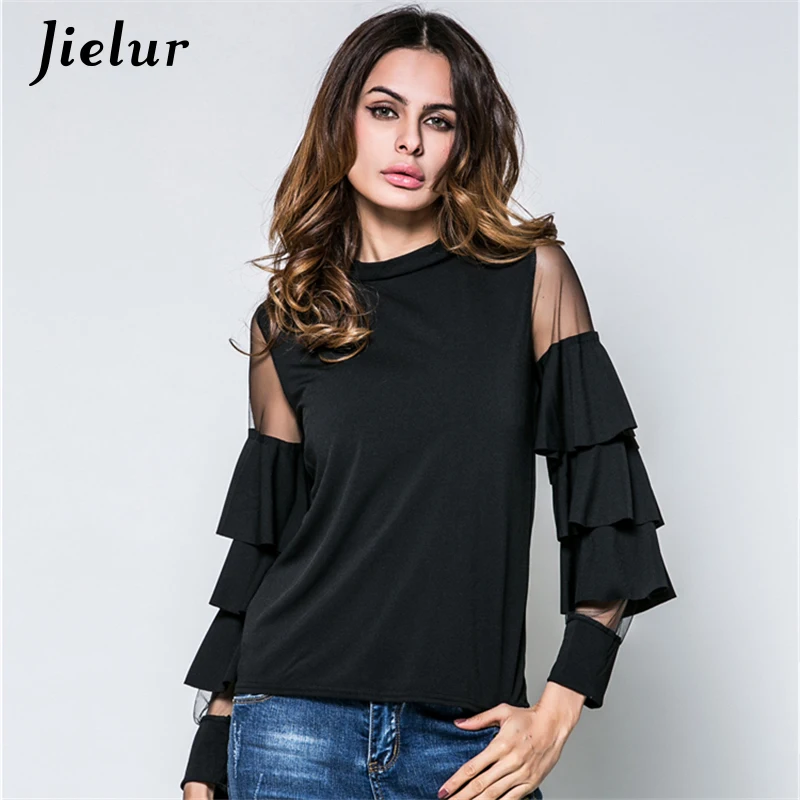 2018 Spring New Small Stand Collar Net Yarn Splicing T ...