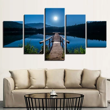 

Poster Wall 5 Panel Wooden Bridge Painting Art Canvas For Living Room Home Decor Lake Landscape Framework Modular Pictures
