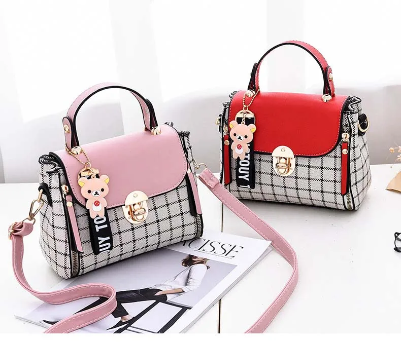 Women PU leather Plaid Bucket Handbag Fashion Panelled Small Printing Crossbody Shoulder Bag Female Elegant Bear Tote Purse Bags (1)