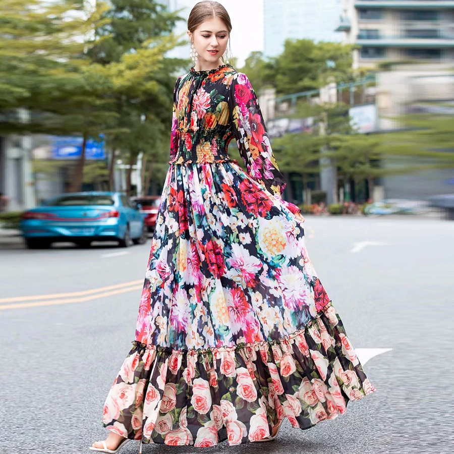 

VERDEJULIAY Boho Long Printed Dresses 2019 Summer Fashion full Sleeve Ruffles Flower Patchwork Maxi Long Dress Party Dress