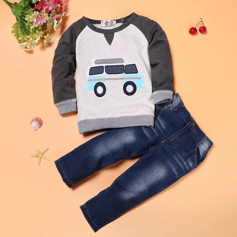 Детская одежда весенние комплекты одежды для мальчиков костюмы для маленьких мальчиков; roupas infantis menino; детская футболка+ джинсы костюм с машинками