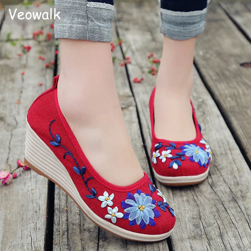 Meilleur Veowalk Main Nouveau Printemps Vintage Femmes Pompes Slip Chinois Sur Lin Naturel Pompes Pente Talon Rétro Tissu Toile Chaussures Souples