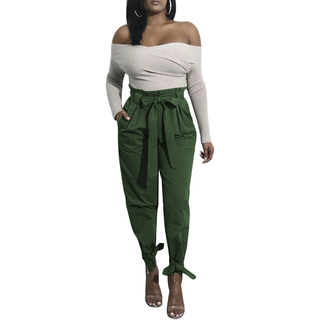 2018 Summer Female Elegant Loose Bow Ruffles Casual Women Pants Belt