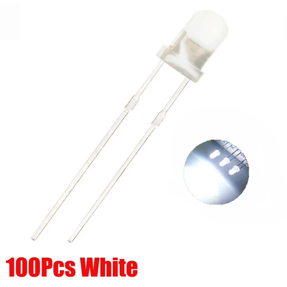 100 шт. F3 3 мм светодиодный диодный светильник в ассортименте комплект зеленый синий белый желтый красный для arduino DIY Kit 5 цветов светодиодный - Цвет: White 100Pcs