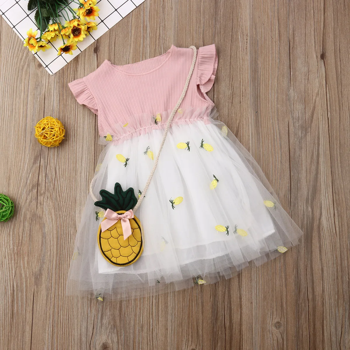 Летнее платье для маленьких девочек милое желтое Пышное кружевное фатиновое платье принцессы с фруктами, вечерние платья подружки невесты бальное платье
