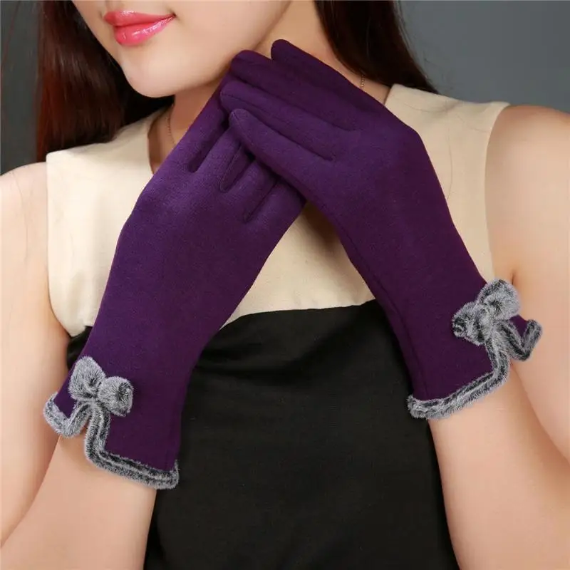 

MINHIN Women Cashmere Warm Gloves Full Finger Mittens Outdoor Driving Bowknot Gloves Solid Elasticity Christmas Gloves 1 Pair