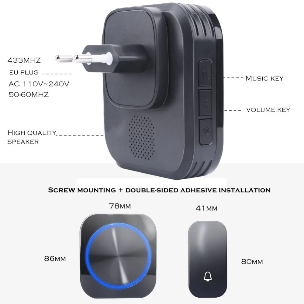 SMATRUL self powered New Waterproof Wireless Doorbell EU Plug 150M Remote smart Door Bell Chime ring 2 button 1 receiver no battery Deaf Gorgeous lighting black 6