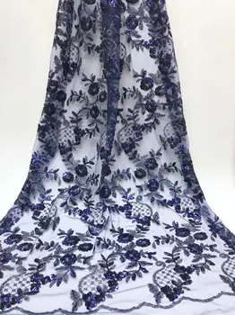 

African Lace Fabric 2019 High Quality Lace Fabric French Blue Sequins Net Cord Tulle Fabrics Nigerian Laces For Wedding Dress