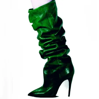

Boots Woman Genuine Leather Sexy Pointed Toe Pleated Knee High Boots High Heels Slip On Stiletto Shoes Woman 10 CM Heels