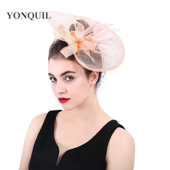 

2019 women champagne feather flower Fascinator with bow ladies hair accessories wedding party floral headband Hair pin SYF385