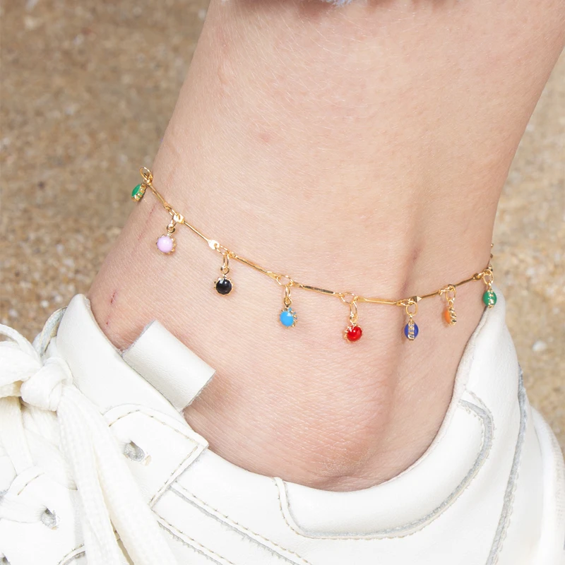 

Tocona Anklets for Women Colorful Crystal Stone Foot Bracelets Bohemian Jewelry Summer Beach Tassel Barefoot Wholesale 7044