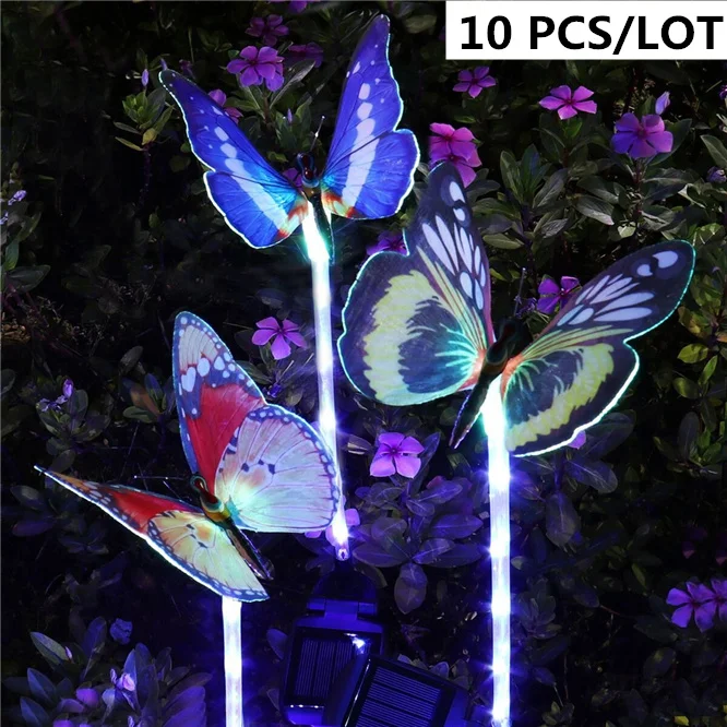 10PCS Waterproof IP65 Solar light Butterfly Lights 7 color cycle LED fiber optic lamp Landscape Lighting Decorative Light