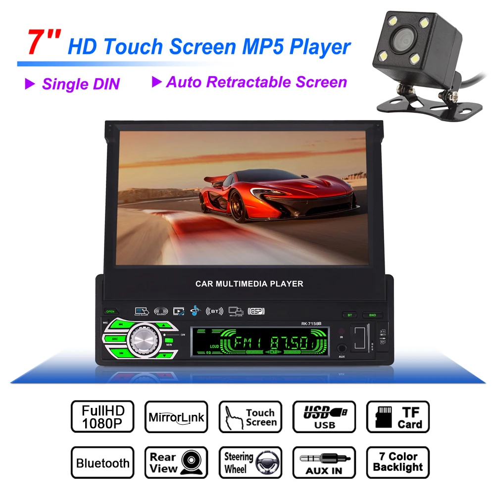 

1 Din 7'' Bluetooth HD Touch Auto Retractable Screen Car Video Stereo Player Support Mirror Link / Aux In with Rear View Camera