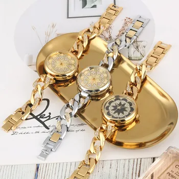 

Women's Quartz Watch Diamond Flower Shape Wristwatch for Lady Gold Alloy Belt with Bracelet Clasp Female Clock