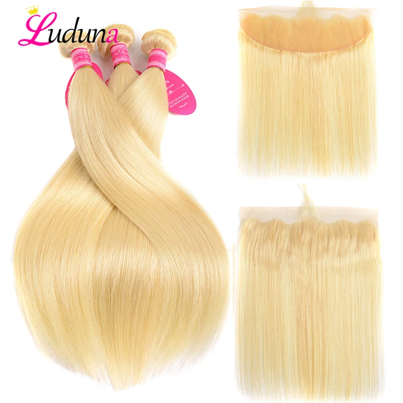 Luduna 613 Blonde Hair 3 Bundles With Frontal Brazilian Straight Human Hair Bundles With Closure 13*4 Remy Hair Extensions