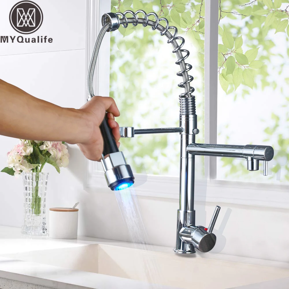 Chrome LED Light Kitchen Faucet Spring Pull Down Kitchen Mixer with Hot