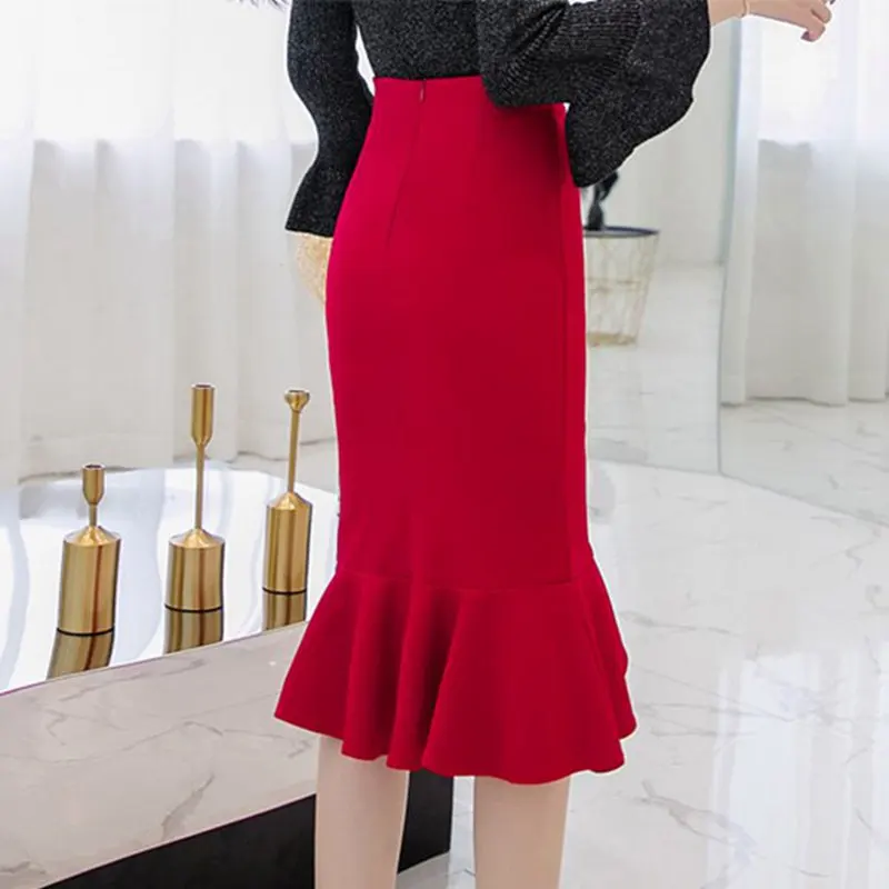SEXMKL Plus Size Womens Red Skirts Winter 2018 Korean Elegant Sexy Bodycon Ruffle Skirt Office High Waist Pencil Black Skirt Skirts