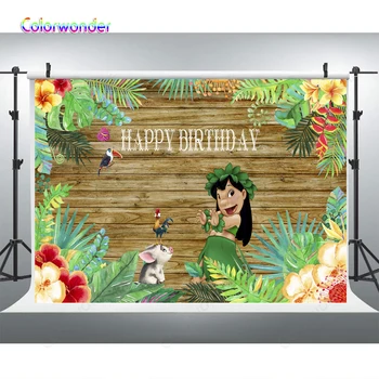 

Happy Birthday Custom Backdrops for Kids Photography Little Girl Lily with Baby Pig and Cock Wooden Floor Backdrops for Party