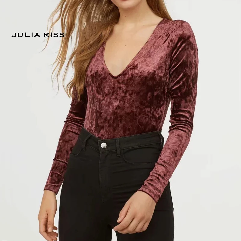 

Women V Neck Crush Velvet Bodysuit with Long Sleeve