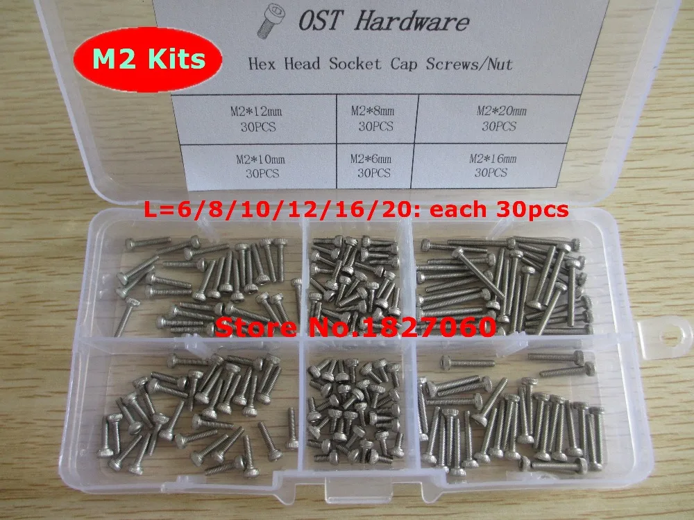 180pcs M2 Screw Kits DIN912 Allen Bolts Hex Socket Head Cap Screw