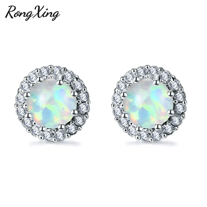 

RongXing White Fire Opal Round Stud Earrings For Women 925 Sterling Silver Filled Full Zircon Birthstone Earrings Gifts Ear0848