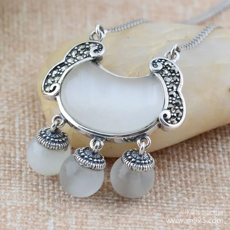 Black silver jewelry wholesale 925 Sterling Silver Lady Pendant Silver Opal Necklace Set lock chain 029810w