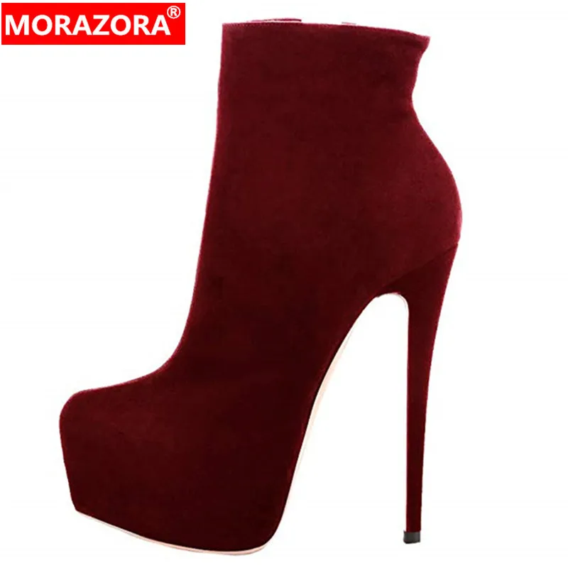 

MORAZORA 2019 hot sale women ankle boots flock round toe zipper autumn thin high heels platform boots woman party prom shoes