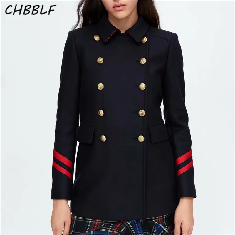CHBBLF для женщин отложной Воротник Военная шерстяная куртка пальто двубортное пальто Модная женская верхняя одежда топы XSZ1815