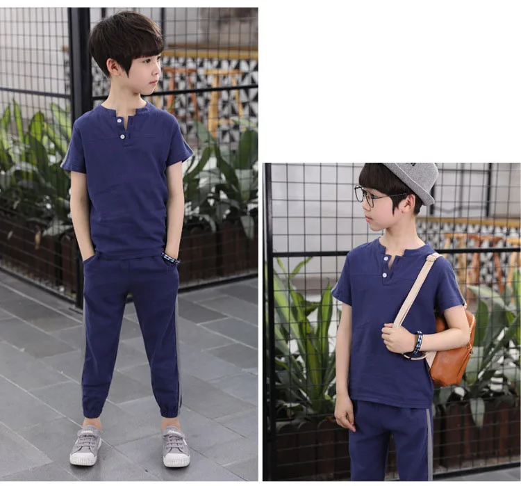 kids 2pcs sets solid o-neck cotton linen tops t shirts for boys sport suits fashion boys clothes children summer 2018 clothing (13)