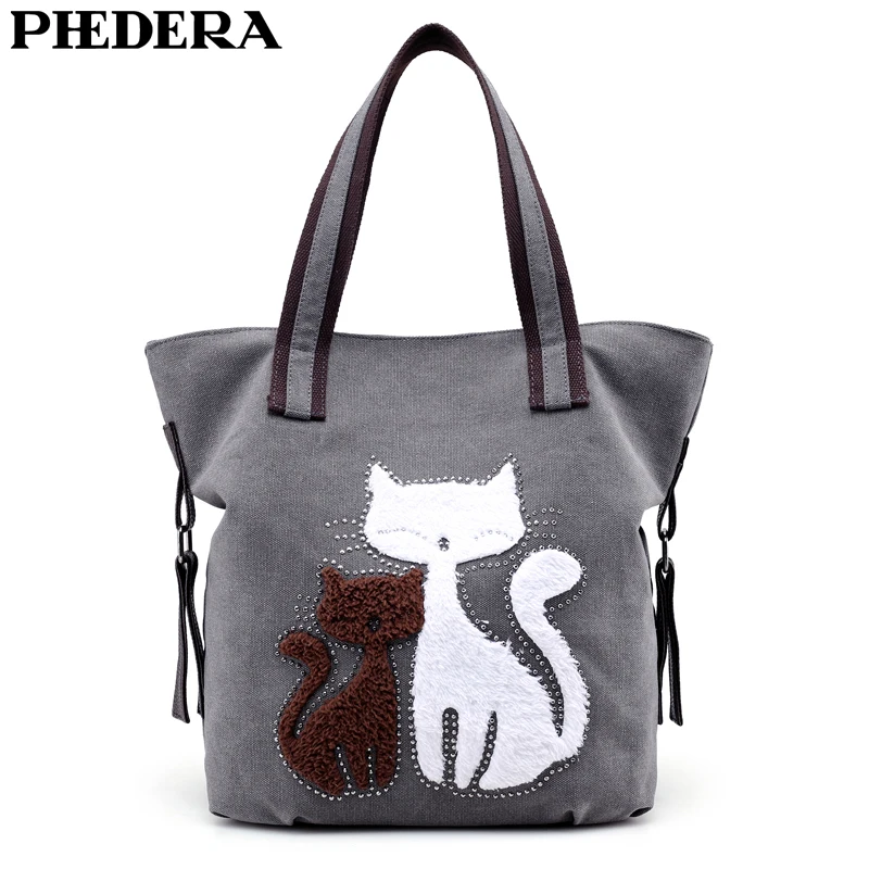 

PHEDERA New Female Canvas Shoulder Bag Casual Cat Print Women Handbag Blue Brown Purse 2019 Arrival