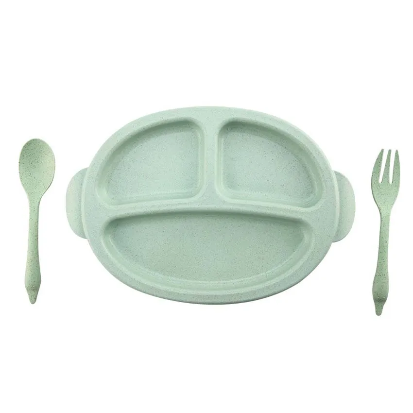 3 шт. комплект для малышей обучающая тарелка для кормления с набор ложка и вилка мультфильм бинауральные Детские Кормление посуда детская тарелка - Цвет: Green
