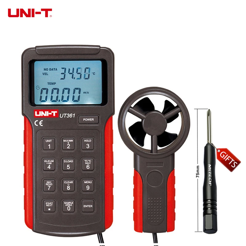 

UNI-T UT361 Digital Tachometer LCD Backlight Data Hold Anemoscopes w/ Temperature Measurement Anemometer Meter Air Flow Meter