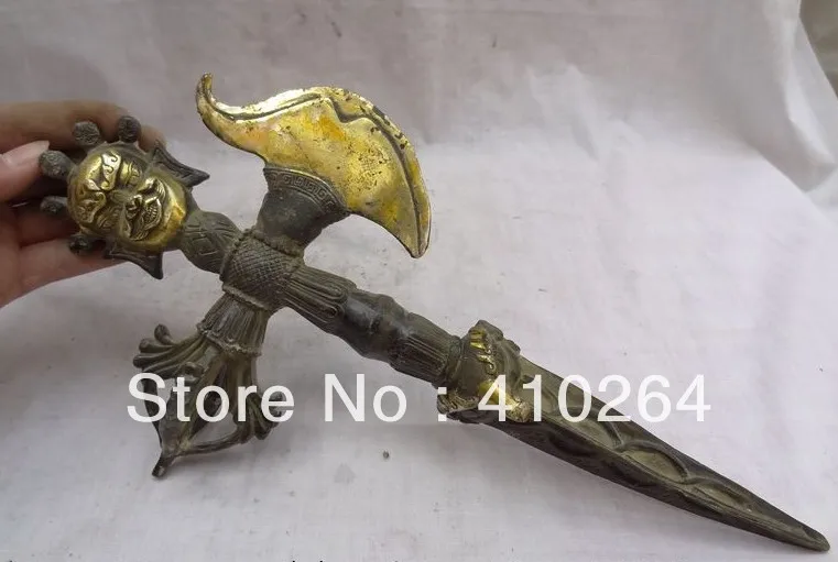 

13" Tibet Bronze Gilt Mahakala Buddha Head Vajra Statue Phurpa Dagger Talismans