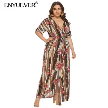 

Enyuever Summer Beach Boho Dress Bohemian Clothing V Neck Casual Floral Print Sleeve Maxi Long Party Dress Plus Size Vestidos