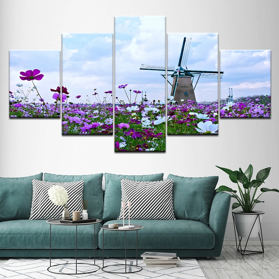 Картина с цветком море ветряная мельница пейзаж 5 шт. стены книги по искусству модульные обои плакат печати гостиная украшения дома