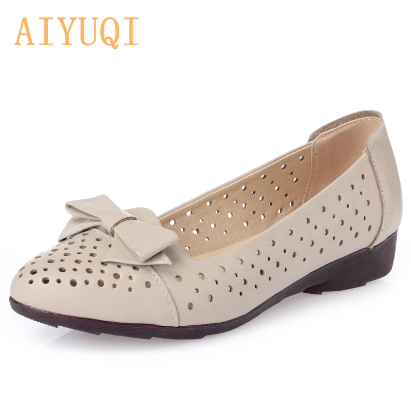 

AIYUQI 2019 Summer ladies sandals , genuine leather woman flats hole shoes,slip on female loafers,lady boat shoe bowknot shoes