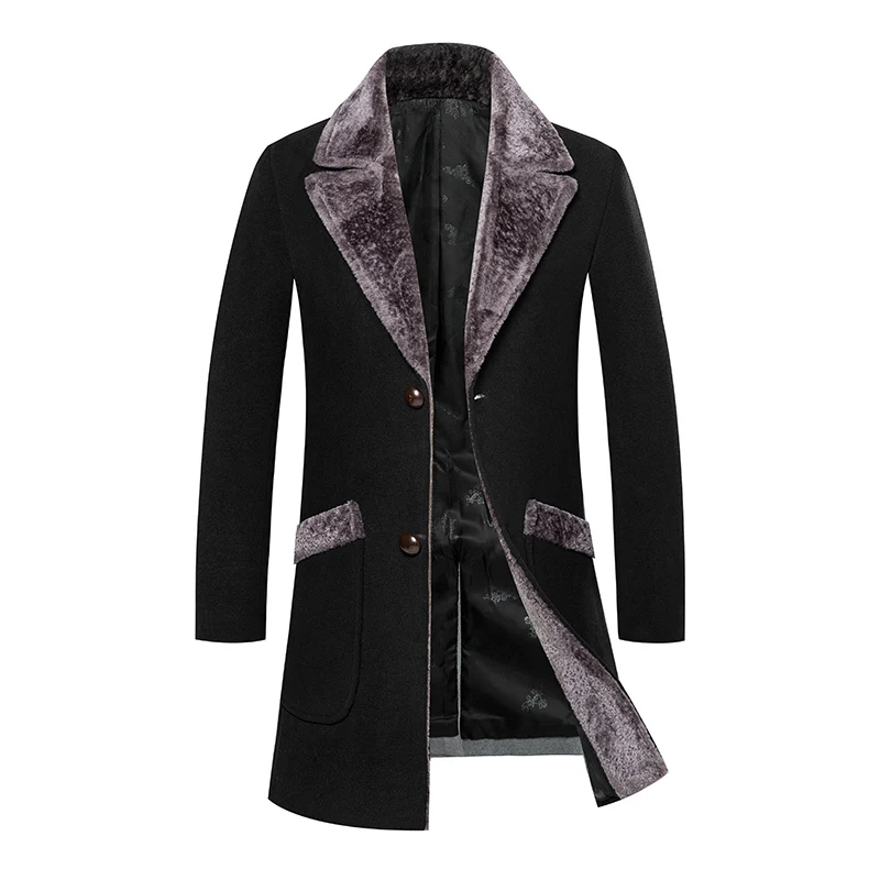 Мужское шерстяное пальто средней длины, зимнее Мужское пальто с меховым воротником, мужской зимний Тренч, Manteau Homme Hiver - Цвет: Black
