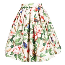 30-Женские винтажные 50 s камелии цветочные птицы узор плиссированная юбка с высокой талией в бежевый рокабилли Pinup Saia Большие размеры юбки